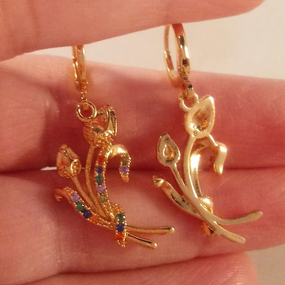 18K Yellow Gold Filled Flower Leaf Diamond Zircon Dangle Earrings Gorgeous Gift - Picture 4 of 4